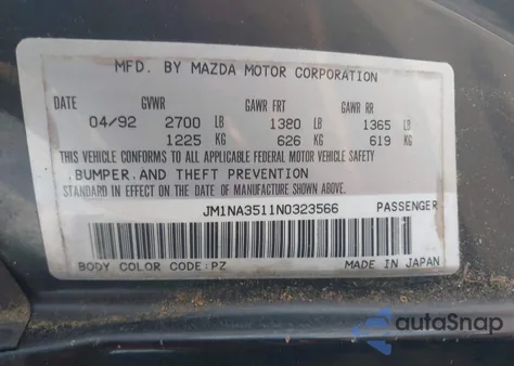 1992 Mazda Mx-5 Miata from USA, damaged, VIN JM1NA3511N0323566